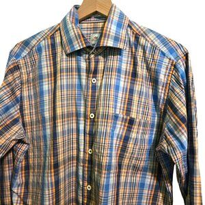 Peter Millar shirt mens Medium Orange Blue plaid button up 100% Cotton